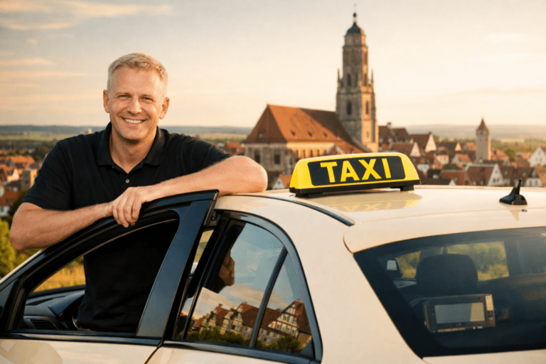 Taxifahrer steht angelehnt an seinem Taxi und lächelt. Im Hintergrund ist die Stadt Nördlingen zu sehen.